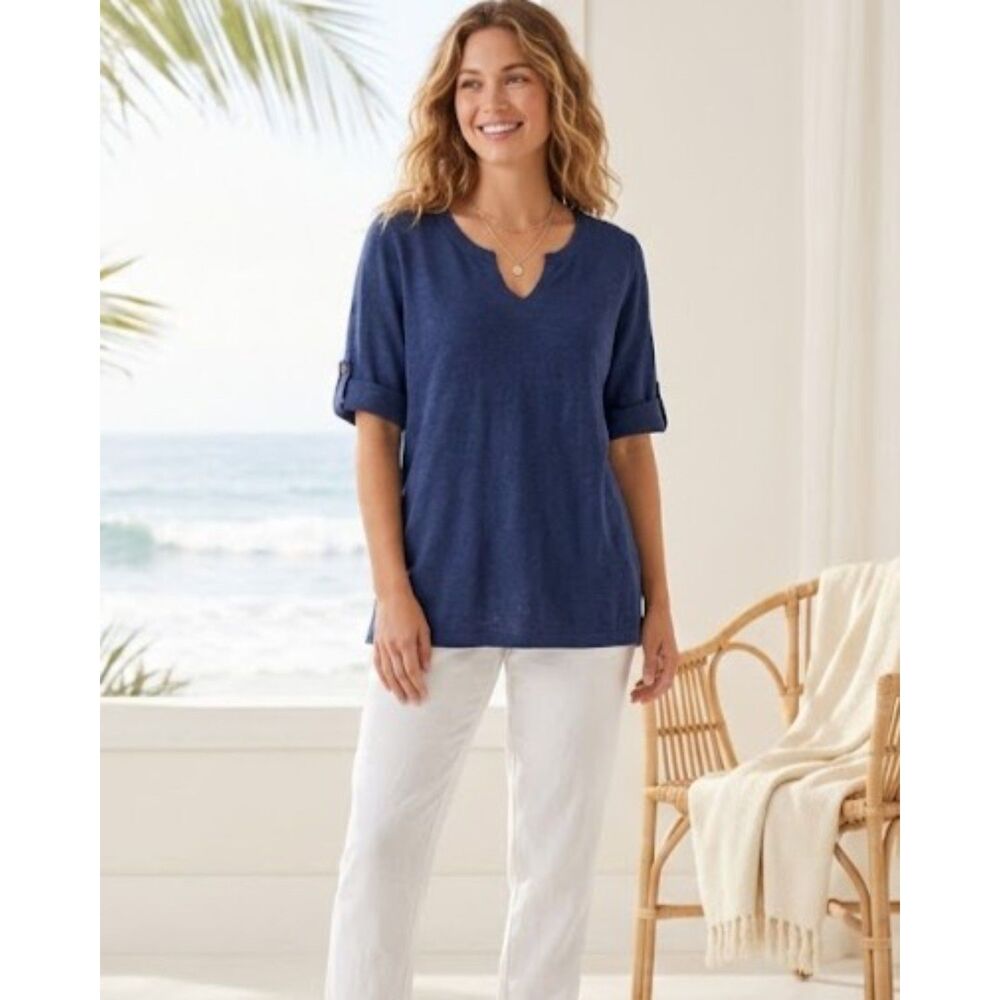 J. Jill Linen Blend Large Tunic Short Sleeve Sweater Navy Blue